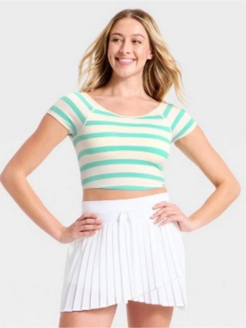 JoyLab Mint and White Striped Short Sleeve Crop Top